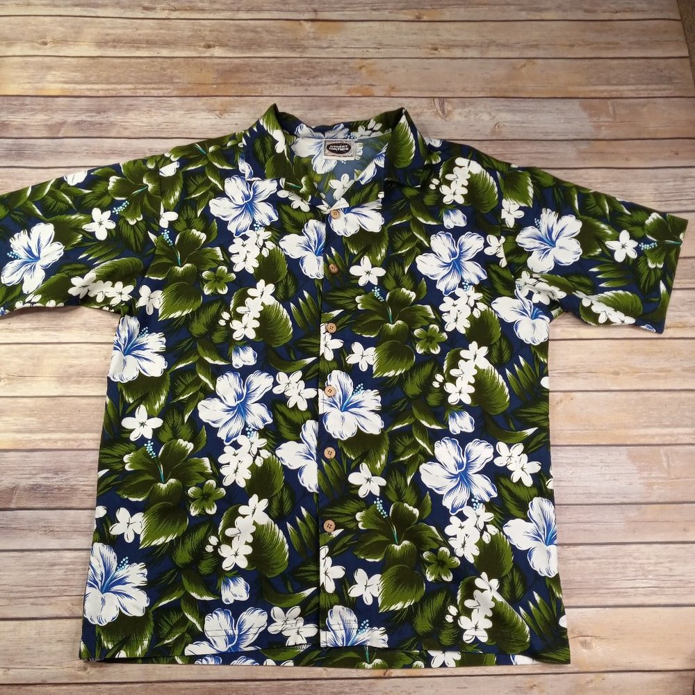 Vintage Street Culture L Hawaiian Shirt Green Blue Floral All Over Print